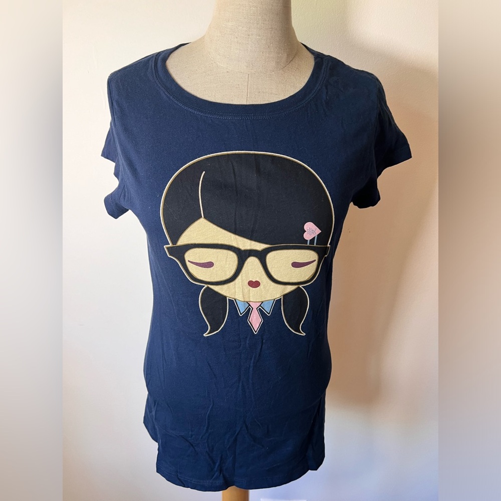 Gwen Stefani Harajuku Lovers Size XL Navy T-shirt Dark Haired Girl with Glasses